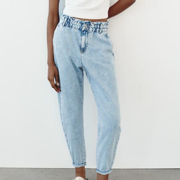 Zara Elastic Waist Jeans Light Wash High Waisted Paperbag Denim Size 8 - Picture 1 of 7